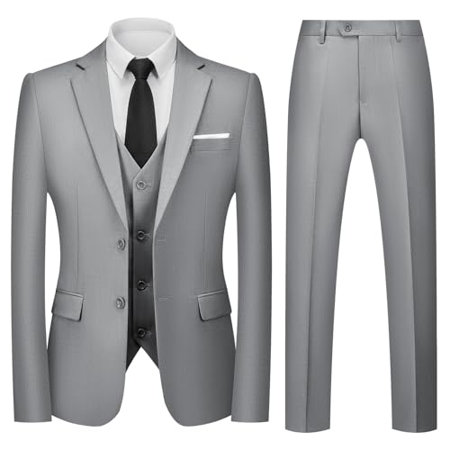 Autsel Anzug Herren Slim Fit 3 Teilig Anzüge Business Herrenanzug 3-Teilig für Hochzeit Sakko Hose Weste Formal Dinner Suit Hellgrau M von Autsel