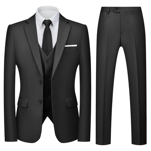 Autsel Anzug Herren Slim Fit 3 Teilig Anzüge Business Herrenanzug 3-Teilig für Hochzeit Sakko Hose Weste Formal Dinner Suit Schwarz XL von Autsel