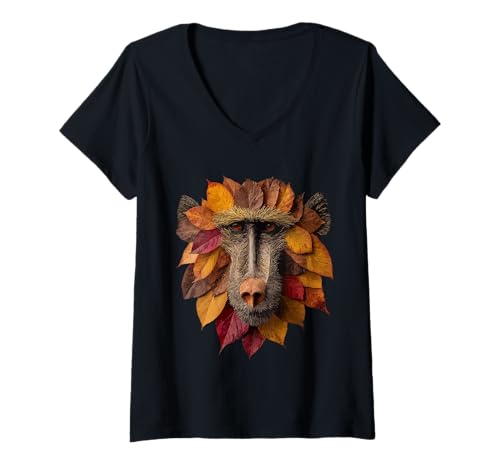 Damen Baboon Herbstblätter Tierkunst künstlerisch Blatt Herbst ästhetisch T-Shirt mit V-Ausschnitt von Autumn Animal Art Wildlife Apparel