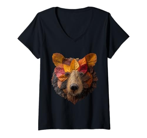 Damen Bär Herbst Blätter Tier Kunst künstlerisch Blatt Herbst ästhetisch T-Shirt mit V-Ausschnitt von Autumn Animal Art Wildlife Apparel