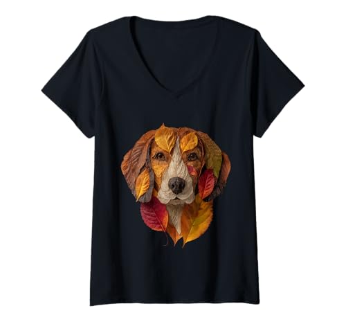 Damen Beagle Herbstlaub Tierkunst künstlerischer Hund Herbst ästhetisch T-Shirt mit V-Ausschnitt von Autumn Animal Art Wildlife Apparel