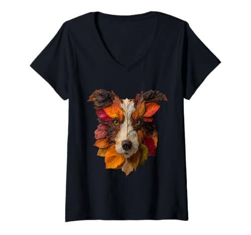 Damen Border Collie Herbst Blätter Tier Kunst künstlerisch Hund Fall T-Shirt mit V-Ausschnitt von Autumn Animal Art Wildlife Apparel