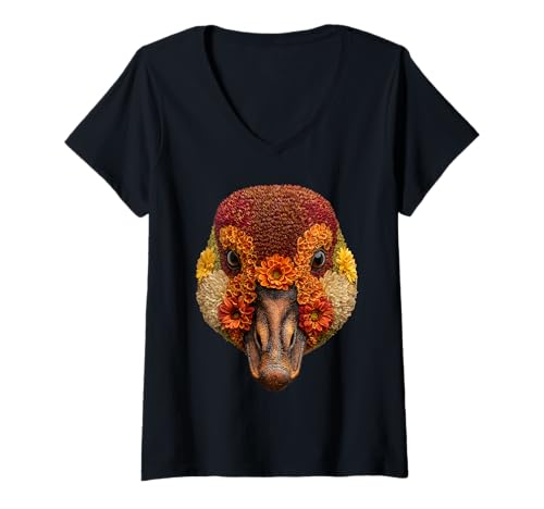 Damen Bunte Gänseherbstblumen Blumenkunst Herbst ästhetisch T-Shirt mit V-Ausschnitt von Autumn Animal Art Wildlife Apparel