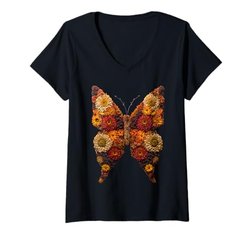 Damen Bunte Schmetterlinge Herbst Blumen Blumen Kunst Herbst Ästhetik T-Shirt mit V-Ausschnitt von Autumn Animal Art Wildlife Apparel
