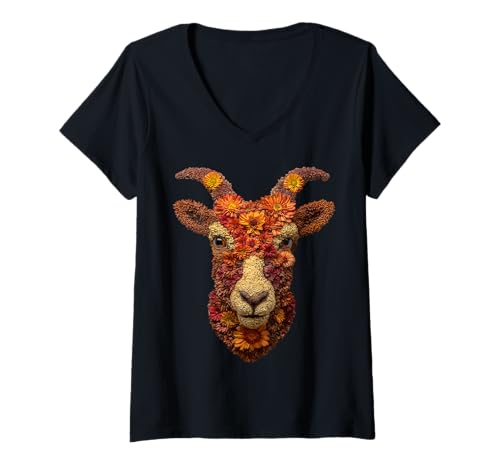 Damen Bunte Ziege mit Herbstblumen Blumenkunst Herbst ästhetisch T-Shirt mit V-Ausschnitt von Autumn Animal Art Wildlife Apparel