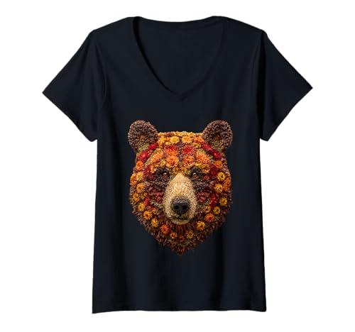 Damen Bunter Bär mit Herbstblumen Blumenkunst Herbst ästhetisch T-Shirt mit V-Ausschnitt von Autumn Animal Art Wildlife Apparel