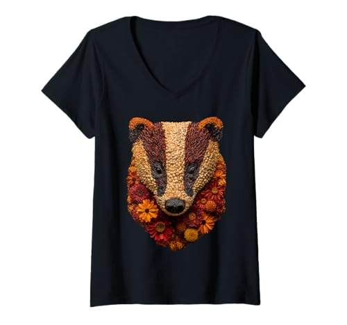 Damen Bunter Dachs Herbstblumen Blumenkunst Herbst ästhetisch T-Shirt mit V-Ausschnitt von Autumn Animal Art Wildlife Apparel