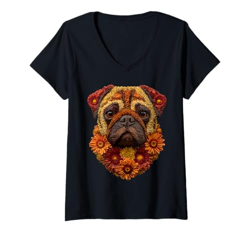 Damen Bunter Mops mit Herbstblumen Blumenkunst Herbst ästhetisch T-Shirt mit V-Ausschnitt von Autumn Animal Art Wildlife Apparel