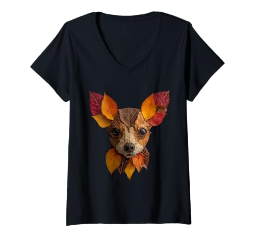 Damen Chihuahua Herbst Blätter künstlerisch Hund Kunst ästhetisch T-Shirt mit V-Ausschnitt von Autumn Animal Art Wildlife Apparel