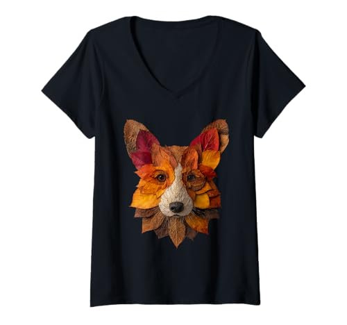 Damen Fuchs Herbstblätter künstlerische Tierkunst Blatt Herbst ästhetisch T-Shirt mit V-Ausschnitt von Autumn Animal Art Wildlife Apparel