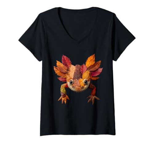 Damen Herbst Axolotl Herbst Blätter Künstlerische Tier Ästhetische Kunst T-Shirt mit V-Ausschnitt von Autumn Animal Art Wildlife Apparel