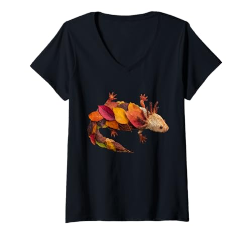 Damen Herbst Axolotl Herbstblätter künstlerische Tierkunst ästhetisch T-Shirt mit V-Ausschnitt von Autumn Animal Art Wildlife Apparel