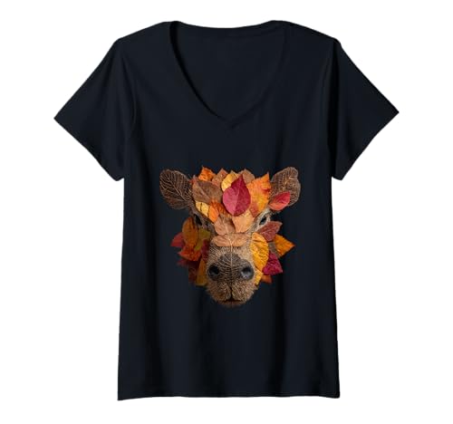 Damen Herbst Capybara Herbstblätter künstlerisch ästhetische Tierkunst T-Shirt mit V-Ausschnitt von Autumn Animal Art Wildlife Apparel