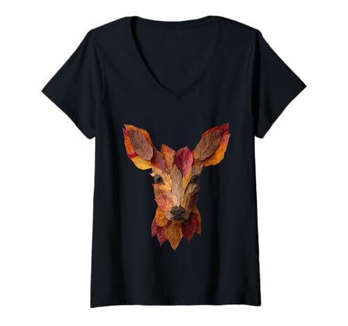 Damen Hirsch Herbst Blätter Künstlerische Tierkunst Blatt Ästhetik T-Shirt mit V-Ausschnitt von Autumn Animal Art Wildlife Apparel