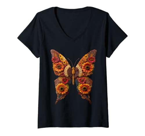 Damen Lebendiger Schmetterling Herbst Blumen Floral Art Herbst Ästhetik T-Shirt mit V-Ausschnitt von Autumn Animal Art Wildlife Apparel