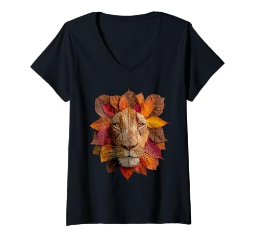 Damen Löwe Herbst Blätter künstlerisch Dschungel Tier Kunst Herbst Ästhetik T-Shirt mit V-Ausschnitt von Autumn Animal Art Wildlife Apparel