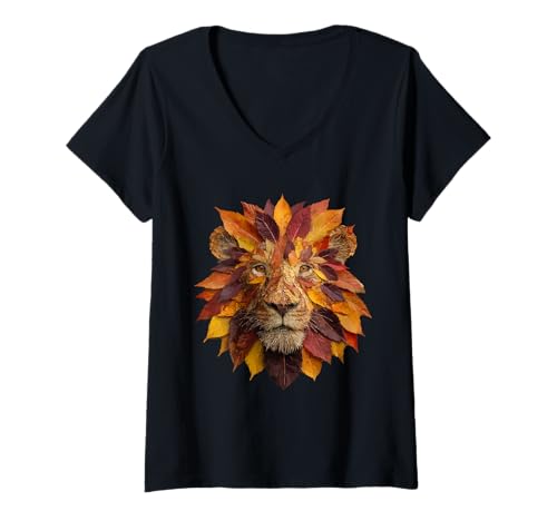 Damen Löwe mit Herbstblättern künstlerisch Herbst Tierkunst ästhetisch T-Shirt mit V-Ausschnitt von Autumn Animal Art Wildlife Apparel