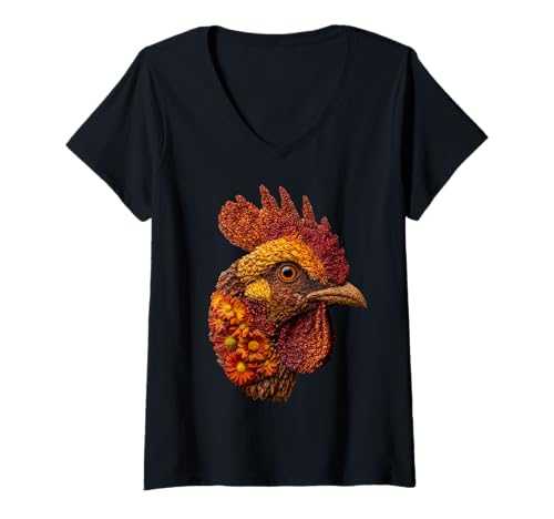 Damen Niedlicher Hahn mit Herbstblumen Blumenkunst Herbst ästhetisch T-Shirt mit V-Ausschnitt von Autumn Animal Art Wildlife Apparel