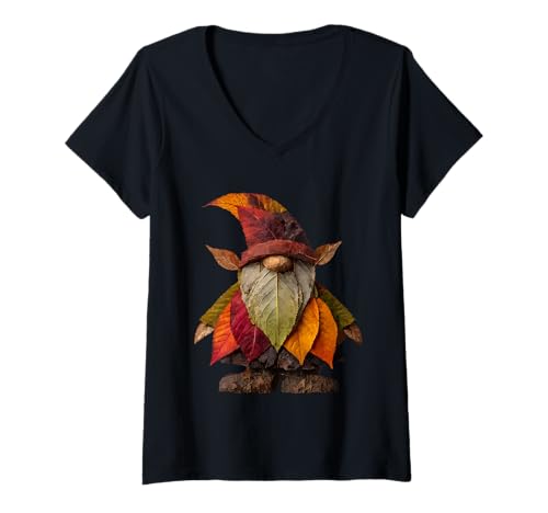 Damen Niedlicher Zwerg Herbstblätter Laub Cottagecore Herbst Ästhetik T-Shirt mit V-Ausschnitt von Autumn Animal Art Wildlife Apparel