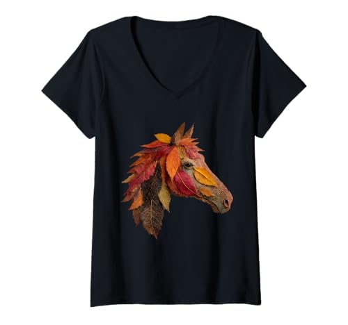 Damen Pferd Herbst Blätter künstlerische Tierkunst Blatt Herbst ästhetisch T-Shirt mit V-Ausschnitt von Autumn Animal Art Wildlife Apparel