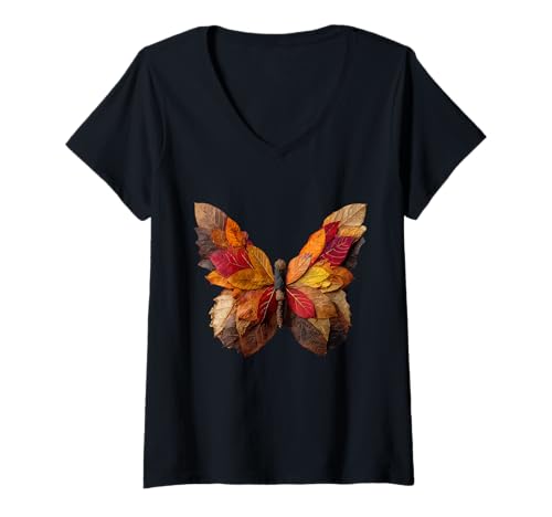 Damen Schmetterling Herbst Blätter künstlerisch ästhetisch Herbst Tierkunst T-Shirt mit V-Ausschnitt von Autumn Animal Art Wildlife Apparel