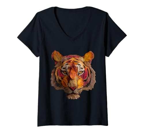Damen Tiger Herbstblätter Künstlerische Kunst Blattfall Ästhetik T-Shirt mit V-Ausschnitt von Autumn Animal Art Wildlife Apparel