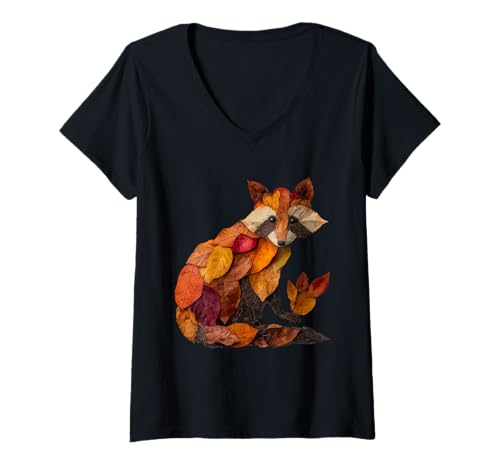 Damen Waschbär Herbst Blätter künstlerische Tierkunst Blatt Herbst Grafik T-Shirt mit V-Ausschnitt von Autumn Animal Art Wildlife Apparel