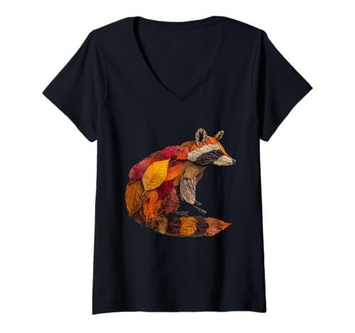 Damen Waschbär Herbst Tierkunst künstlerisch Herbstblätter Kunst T-Shirt mit V-Ausschnitt von Autumn Animal Art Wildlife Apparel