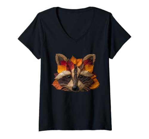 Damen Waschbär Wald Tier Herbst Blätter künstlerische Herbstgrafik T-Shirt mit V-Ausschnitt von Autumn Animal Art Wildlife Apparel