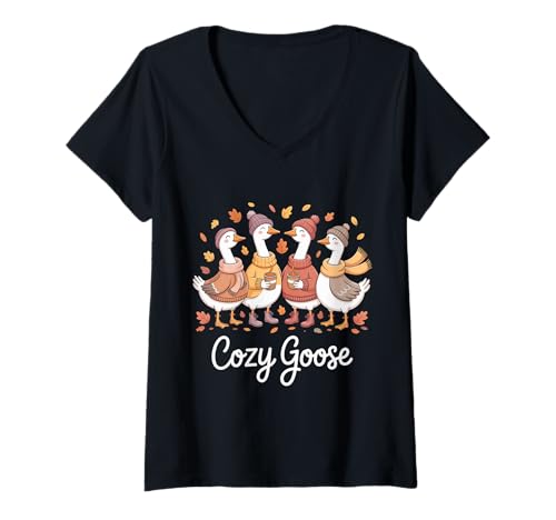Damen Funny Full Time Goose Autumn Fall Cozy Goose T-Shirt mit V-Ausschnitt von Autumn Animal Coffee Lover Goose Fall Vibe