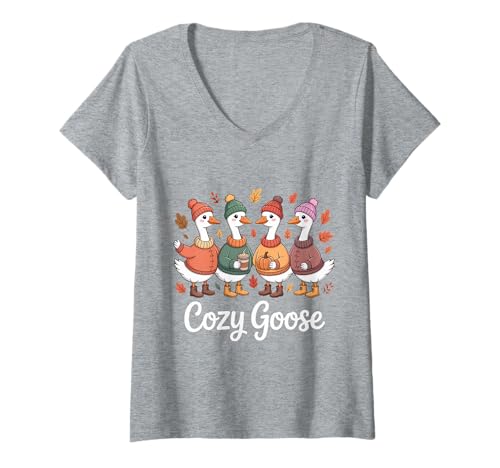 Damen Funny Full Time Goose Autumn Fall Cozy Goose T-Shirt mit V-Ausschnitt von Autumn Animal Coffee Lover Goose Fall Vibe