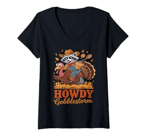 Damen Lustiger Waschbär Reittürkei Howdy Gobblestorm Herbst T-Shirt mit V-Ausschnitt von Autumn Animal Harvest Humor