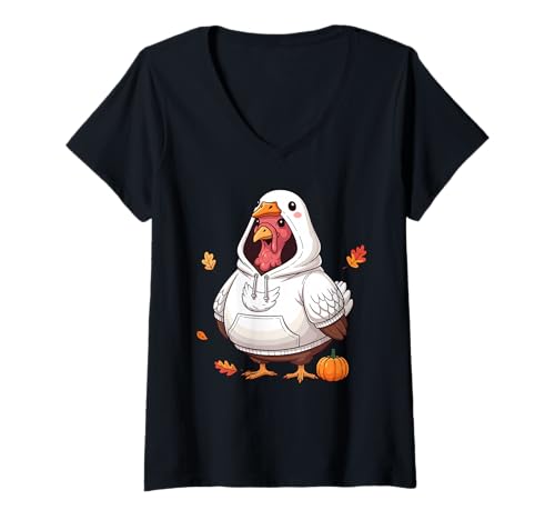 Damen Lustiger Truthahn Verkleidet als Gans Thanksgiving Herbst Herbst T-Shirt mit V-Ausschnitt Damen Lustiger Truthahn Verkleidet als Gans Thanksgiving Herbst Herbst T-Shirt mit V-Ausschnitt von Autumn Animal Humor Co.