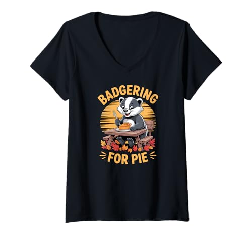Damen Badgering for Pie Lustiges Herbsttier Herbst Wortspiel T-Shirt mit V-Ausschnitt von Autumn Animal Puns Apparel Gifts by Anastasia