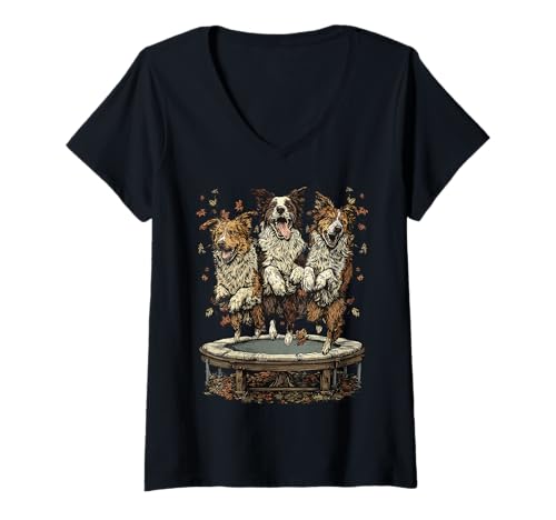 Damen Border Collies Springen auf Trampolin Lustiger Hund Herbst Tier T-Shirt mit V-Ausschnitt Damen Border Collies Springen auf Trampolin Lustiger Hund Herbst Tier T-Shirt mit V-Ausschnitt von Autumn Animals Fall Clothing Co.