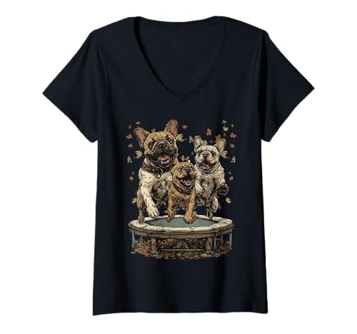 Damen Boston Terrier springt auf Trampolin Lustiger Hund Herbst Tier T-Shirt mit V-Ausschnitt Damen Boston Terrier springt auf Trampolin Lustiger Hund Herbst Tier T-Shirt mit V-Ausschnitt von Autumn Animals Fall Clothing Co.