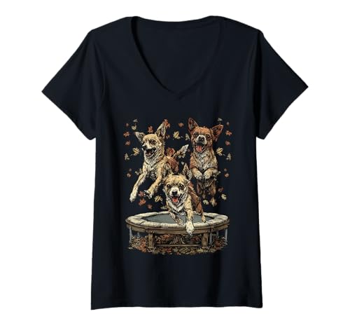 Damen Chihuahuas springen auf Trampolin Lustiger Hund Herbst Tier T-Shirt mit V-Ausschnitt Damen Chihuahuas springen auf Trampolin Lustiger Hund Herbst Tier T-Shirt mit V-Ausschnitt von Autumn Animals Fall Clothing Co.