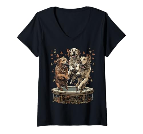 Damen Golden Retrievers Springendes Trampolin Niedliche Hunde Herbst Tier T-Shirt mit V-Ausschnitt Damen Golden Retrievers Springendes Trampolin Niedliche Hunde Herbst Tier T-Shirt mit V-Ausschnitt von Autumn Animals Fall Clothing Co.