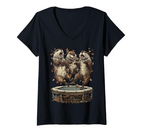 Damen Lustige Biber springen auf Trampolin Herbststimmung Herbsttiere T-Shirt mit V-Ausschnitt Damen Lustige Biber springen auf Trampolin Herbststimmung Herbsttiere T-Shirt mit V-Ausschnitt von Autumn Animals Fall Clothing Co.