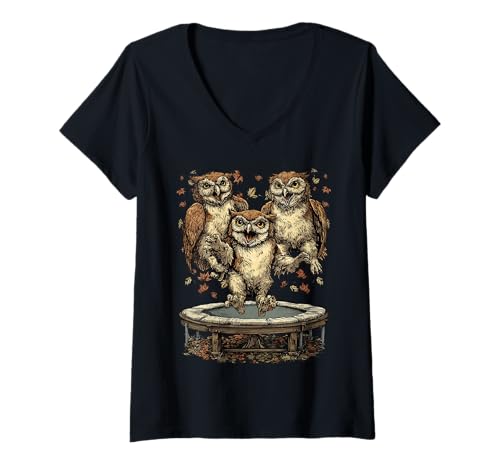 Damen Lustige Eulen springen auf Trampolin Herbststimmung Herbsttiere T-Shirt mit V-Ausschnitt von Autumn Animals Fall Clothing Co.