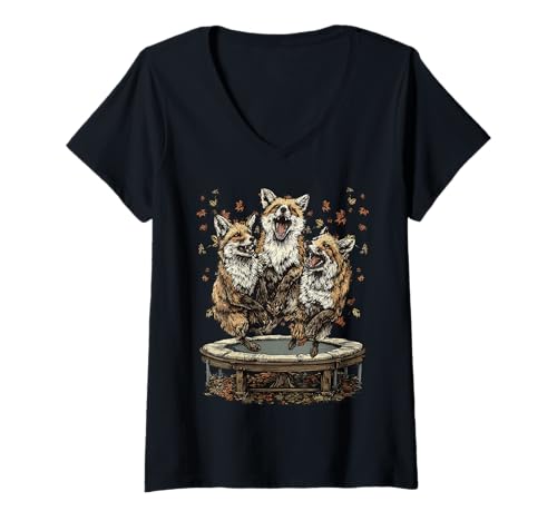 Damen Lustige Füchse springen auf Trampolin Herbststimmung Herbsttiere T-Shirt mit V-Ausschnitt Damen Lustige Füchse springen auf Trampolin Herbststimmung Herbsttiere T-Shirt mit V-Ausschnitt von Autumn Animals Fall Clothing Co.