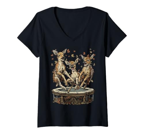 Damen Lustige Hirsche springen auf Trampolin Herbststimmung Herbsttiere T-Shirt mit V-Ausschnitt Damen Lustige Hirsche springen auf Trampolin Herbststimmung Herbsttiere T-Shirt mit V-Ausschnitt von Autumn Animals Fall Clothing Co.