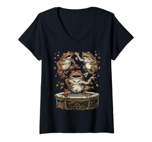 Damen Lustige Kröten springen auf Trampolin Herbststimmung Herbsttiere T-Shirt mit V-Ausschnitt Damen Lustige Kröten springen auf Trampolin Herbststimmung Herbsttiere T-Shirt mit V-Ausschnitt von Autumn Animals Fall Clothing Co.