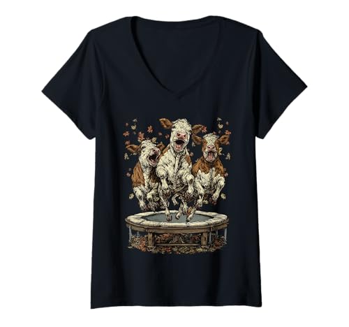 Damen Lustige Kühe springen auf Trampolin Herbststimmung Herbsttiere T-Shirt mit V-Ausschnitt von Autumn Animals Fall Clothing Co.