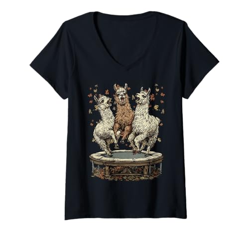 Damen Lustige Lamas springen auf Trampolin Herbststimmung Herbsttiere T-Shirt mit V-Ausschnitt Damen Lustige Lamas springen auf Trampolin Herbststimmung Herbsttiere T-Shirt mit V-Ausschnitt von Autumn Animals Fall Clothing Co.