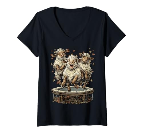 Damen Lustige Schafe springen auf Trampolin Herbststimmung Herbsttiere T-Shirt mit V-Ausschnitt Damen Lustige Schafe springen auf Trampolin Herbststimmung Herbsttiere T-Shirt mit V-Ausschnitt von Autumn Animals Fall Clothing Co.