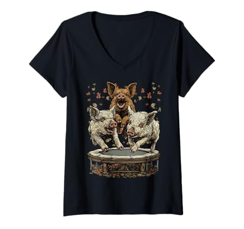 Damen Lustige Schweine springen auf Trampolin Herbst Herbst Bauernhoftiere T-Shirt mit V-Ausschnitt Damen Lustige Schweine springen auf Trampolin Herbst Herbst Bauernhoftiere T-Shirt mit V-Ausschnitt von Autumn Animals Fall Clothing Co.