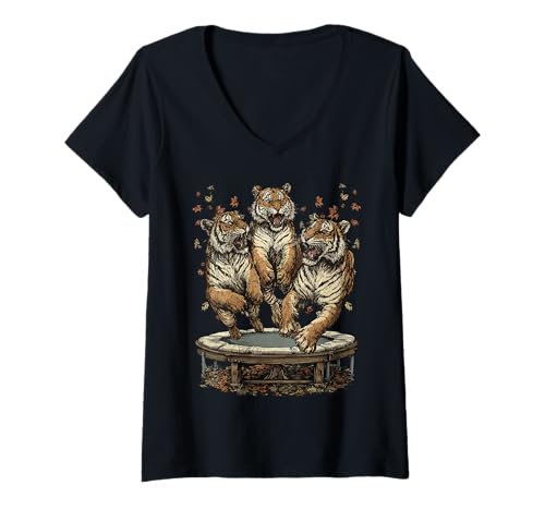 Damen Lustige Tiger springen auf Trampolin Herbststimmung Herbsttiere T-Shirt mit V-Ausschnitt von Autumn Animals Fall Clothing Co.