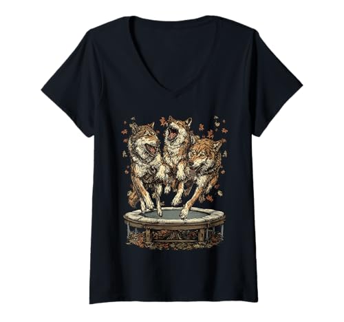 Damen Lustige Wölfe springen auf Trampolin Herbststimmung Herbsttiere T-Shirt mit V-Ausschnitt Damen Lustige Wölfe springen auf Trampolin Herbststimmung Herbsttiere T-Shirt mit V-Ausschnitt von Autumn Animals Fall Clothing Co.