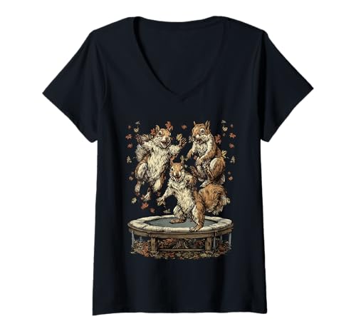 Damen Niedliche Eichhörnchen springen auf Trampolin Herbststimmung Herbsttier T-Shirt mit V-Ausschnitt von Autumn Animals Fall Clothing Co.